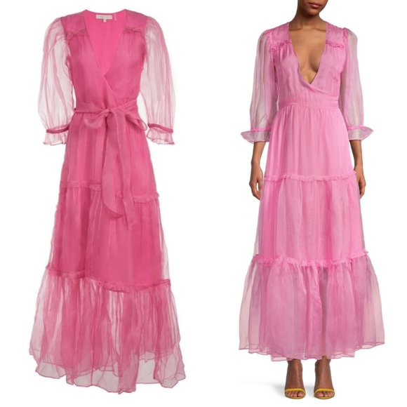 LoveShackFancy Stormi Maxi Dress Sz M Pink Silk Chiffon Wrap Style Tiered Skirt - Picture 1 of 12